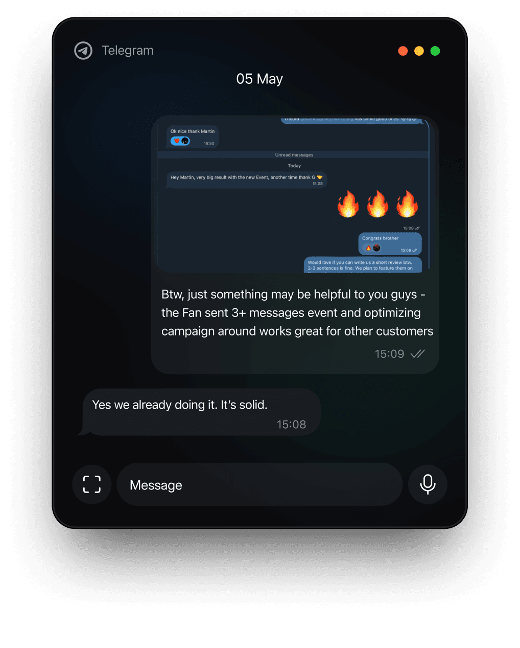 Telegram conversation: confirmed by another agency on the platform.